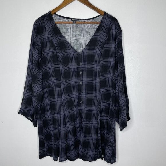 Torrid Shirt Womens 1X Plus Black Gray Plaid Button Front Tunic Top Relaxed Boho - Picture 1 of 7